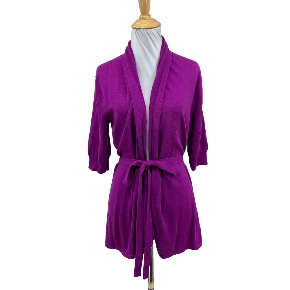 Trina Turk Robe Women M Medium Violet Open Front Shawl Tie Waist Short Sleeve